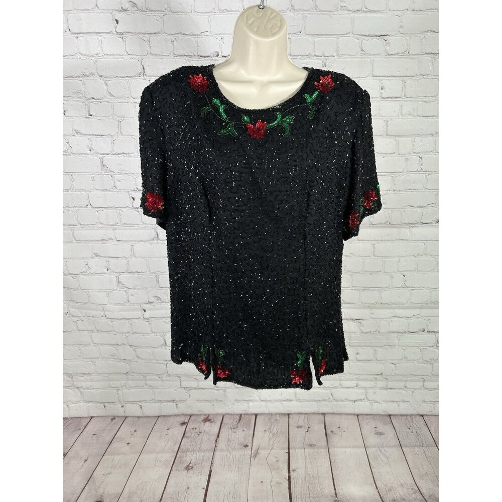 VTG NWT Scala Black Beaded Floral Sequins Silk Short Sleeve Blouse Shirt Top 1X